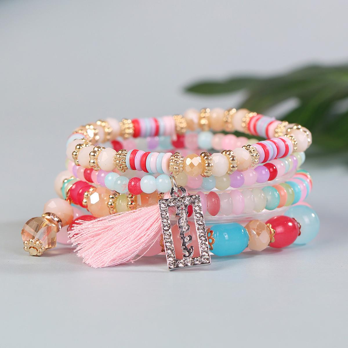 Богемный набор браслетов с бусинами и прямоугольным кулоном-кисточкой