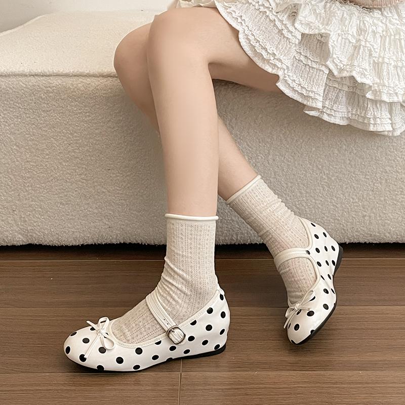 Nieuwe Lente Interne Verhoging Dames Mary Jane Schoenen Beknopte Vlinderknoop Stippen Schoenen Dames Elegante Gesp Riem Dress Schoenen