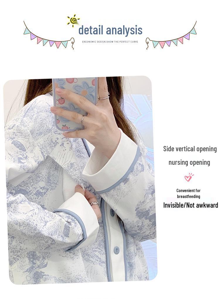 Pure Cotton Maternity Pajama Set for All Seasons: Comfortable, Breastfeeding-Friendly Home Wear for Pregnant and Postpartum Women