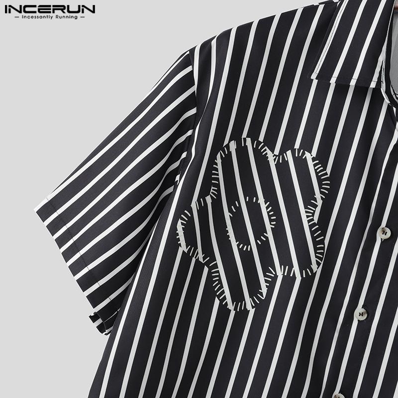 INCERUN Cămăși scurte casual de vară pentru bărbați, supradimensionate, cu guler cu rever, mânecă scurtă, florale, cu dungi