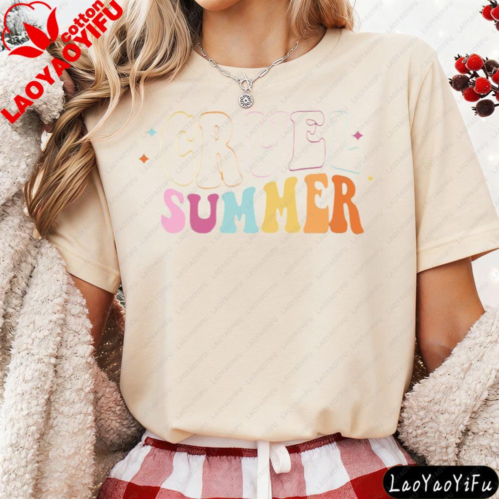 Cruel Summer Retro Groovy Schriftzug Grafik T-Shirt Modern und Trendig Unisex Baumwolle Kurzarm Sommer Lässig Alltag T-Shirt