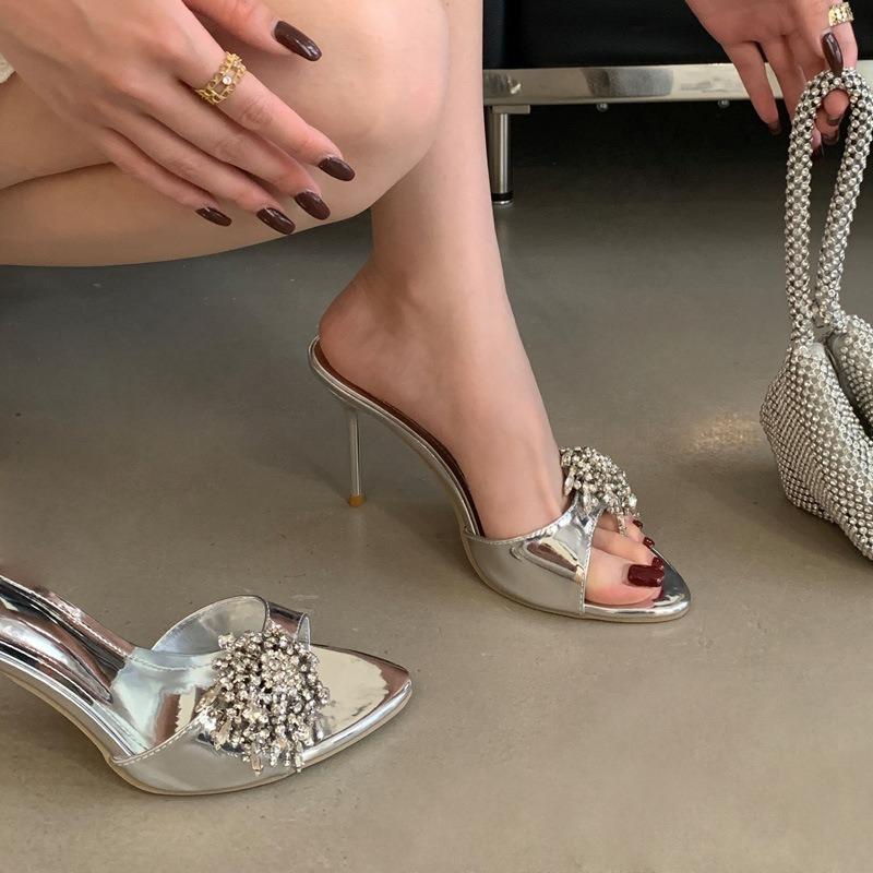 Slippers wear summer women pointed toes open toes thin heels cool slippers temperament rhinestone high heel one-word drag