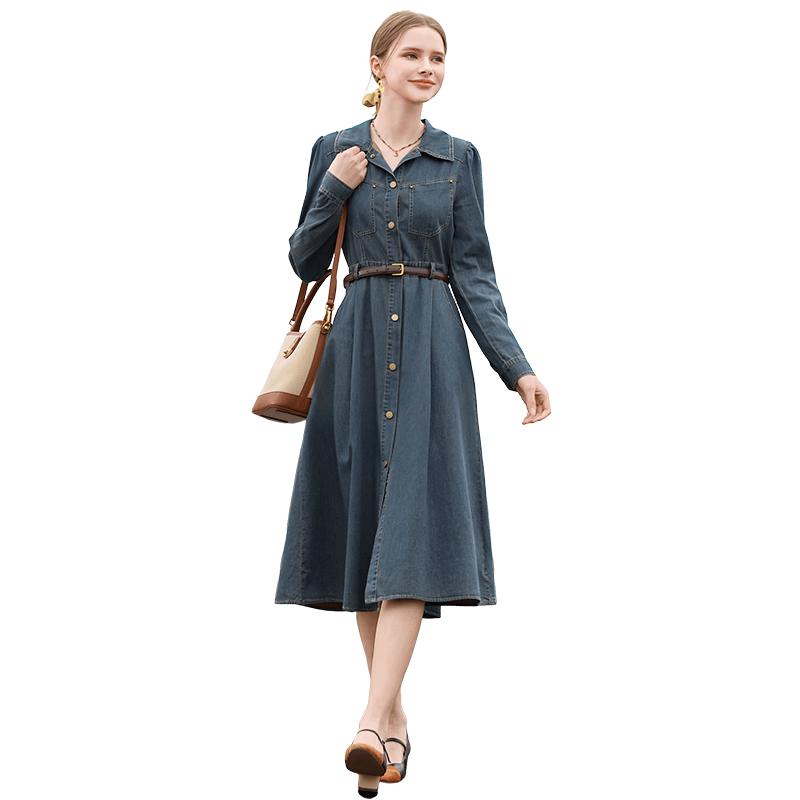 Xiangying Women s Retro Blue Denim A-line Dress S
