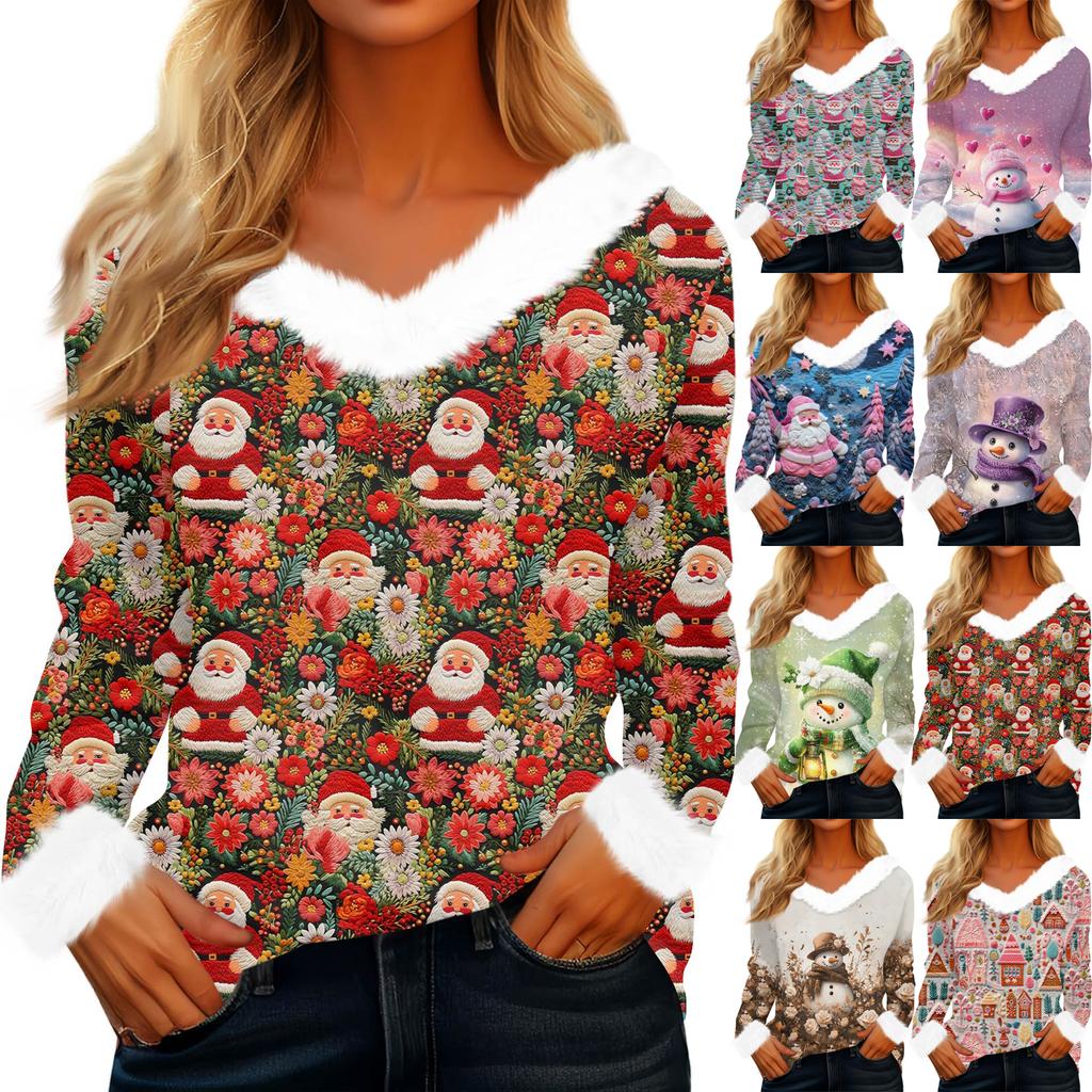 Women's Fashionable Casual V-Neck Christmas Print Long-Sleeved Top