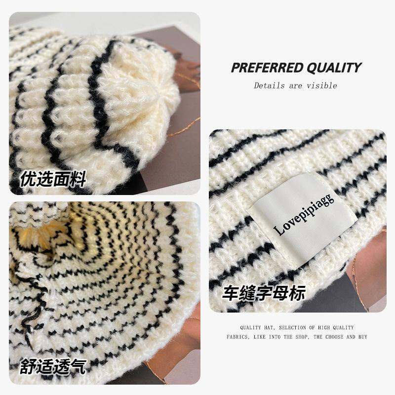 Cloth label striped knitted hat female autumn and winter student versatile big head circumference warm ear protection bag head cold hat