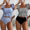 2-teiliges/Set Damen Badeanzug-Set eckiger Ausschnitt Rüschen Kappenärmel gestreifter Druck Oberteile hoch taillierte Badehose Bademode-Set