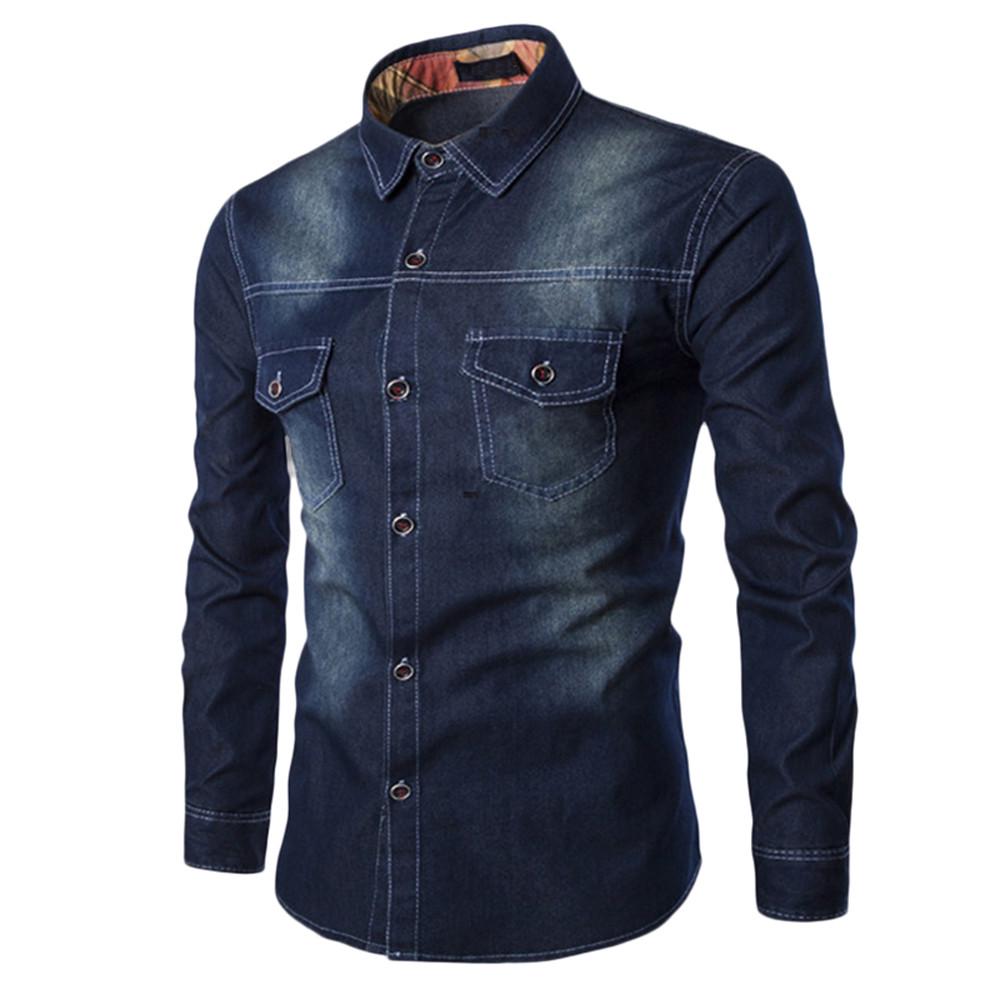 Men's  Casual Fashion Slim Fit Denim Cotton Long Sleeve Shirt Top Blouse