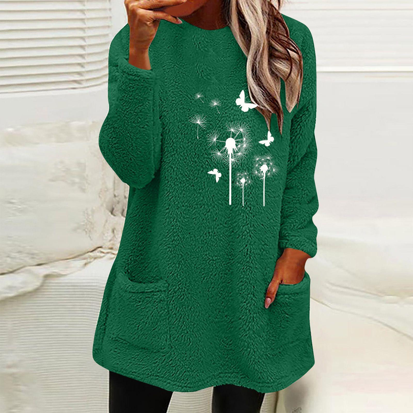 

Осенне-зимняя женская длинная толстовка с капюшоном, с круглым вырезом, с длинным рукавом, с карманом, с тиснением в виде одуванчика, двусторонняя бархатная толстовка для женщин XXXL зелёный