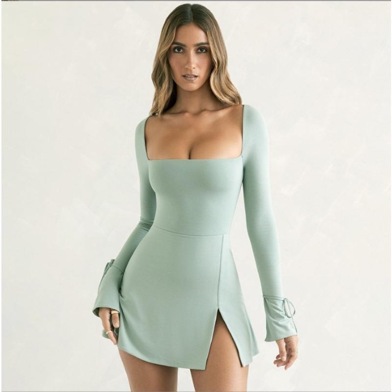 Damekvelds- og vinternytt snøring langermet ensfarget firkantet hals slank høy midje splittkjoler