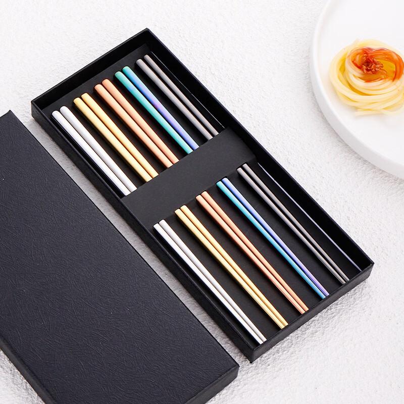 Ru Han 304 Stainless Steel Silver Square Chopsticks - 5 Pairs Gift Set