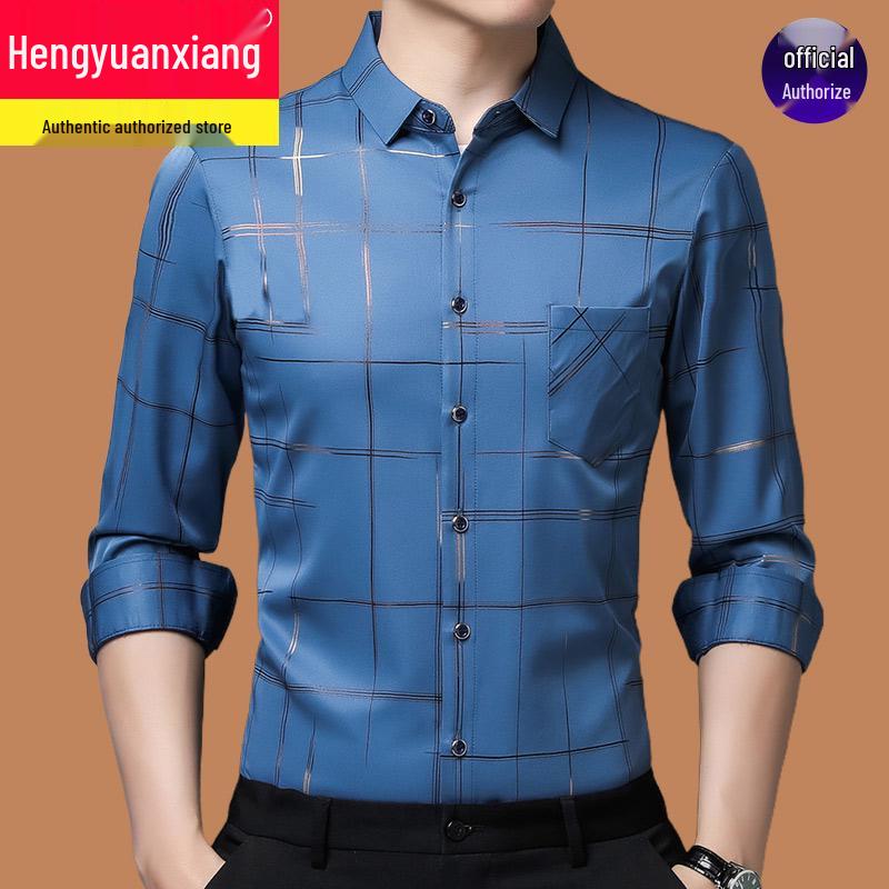 Hengyuanxiang Men's Autumn Plaid Long Sleeve Iron-Free Casual Shirt