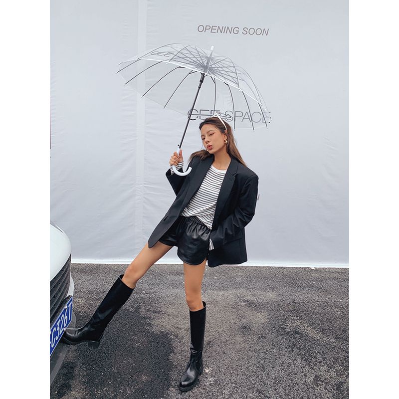 Black Elastic Waist Autumn and Winter Slimming Soft Leather Shorts
