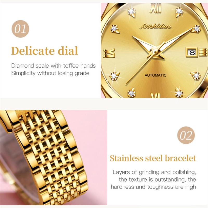 JINSHIDUN Nové dámské hodinky pro podnikání a volný čas Módní diamantové Vodotěsné Luminous Single Calendar Mechanické Špičkové dámské hodinky
