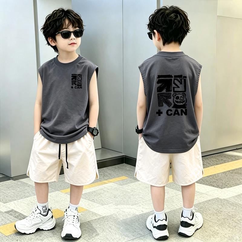 Boys' Trendy Cotton Sleeveless Vest & Shorts Set - Summer Two-Piece for Medium and Large Children