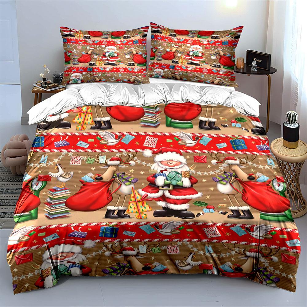 Santa and Reindeer Holiday Print Bedding Duvet Cover Set Duvet Cover Pillowcases  (1*Duvet Cover 2*Pillowcases, without duvet insert)