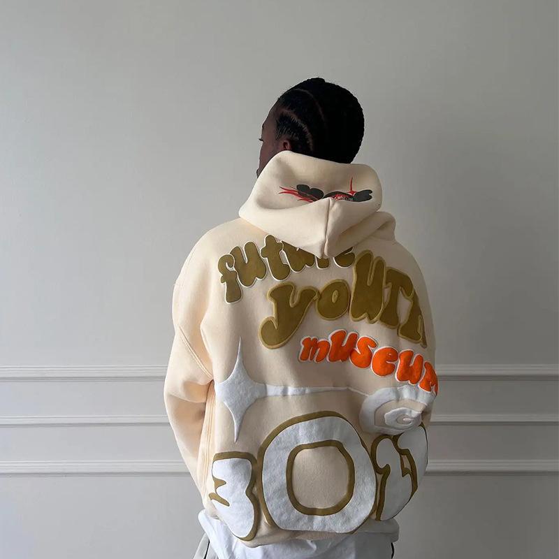 Autumn and Winter European and American Style Letter and Number Foam Printed Loose and Fashionable Street Top Hooded Sweatshirt