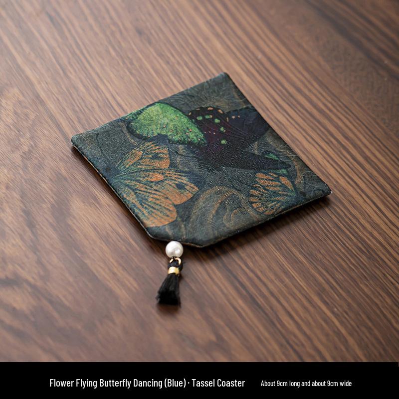 Elegant Chinese Tassel-Fabric Coaster: Waterproof, Anti-Slip, Double-Sided Tea Table Accessory