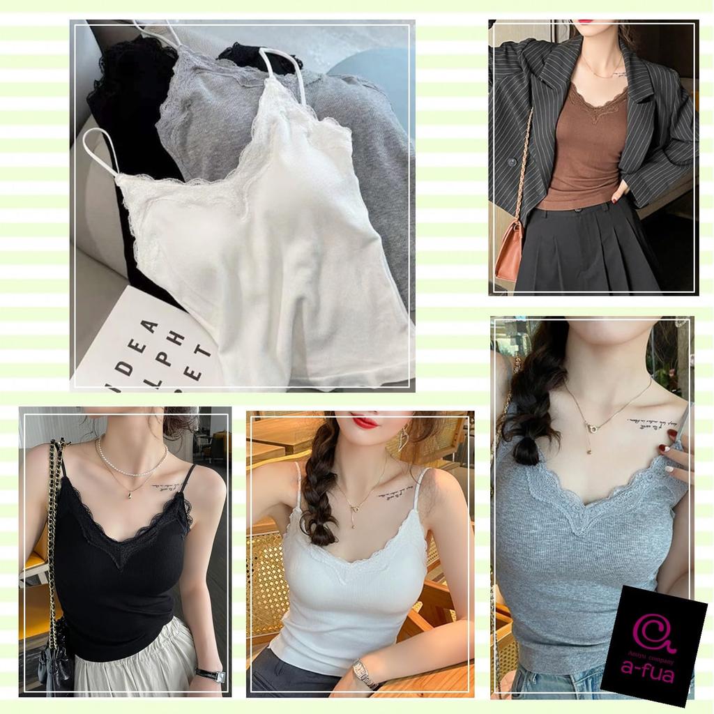 Lace Tank Top with and Bra Cami for a Flattering Look A-fua Women's Cups, V-Neck, Beautiful, (White)