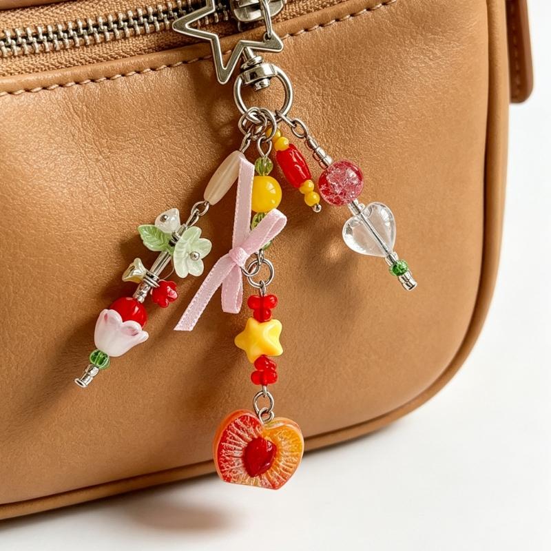 Beaded Keychain Charm Decorative Bag Charm With Fruit-Inspired Beads, Alloy Hardware and 12 cm Hanging Length for Keys, Handbag Zipper Pull