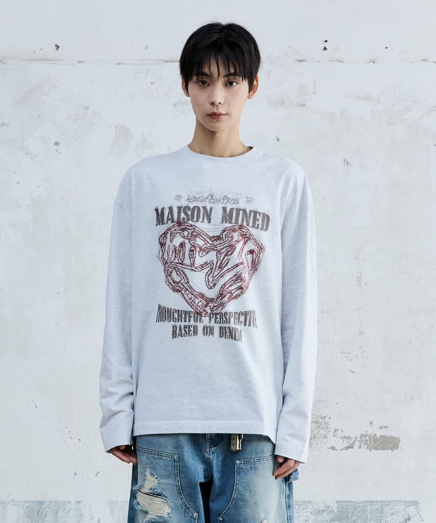 MAISON MINED Doodle Heart Long Sleeve Melange White