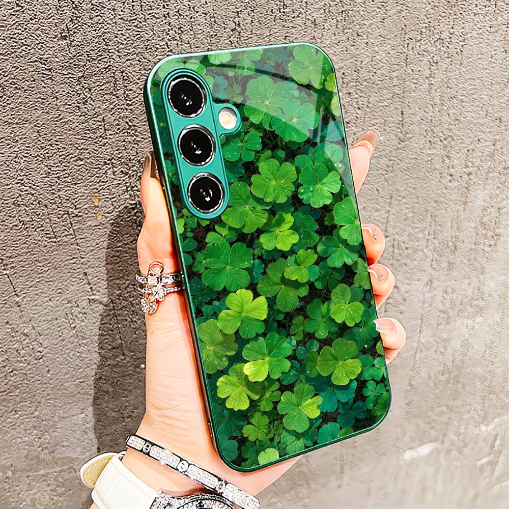 Scenery Four-leaf Clover Glass PhoneCase for Samsung Galaxy S26 S25 S24 S23 S22 S21 FE Ultra Plus Built-in Glass Green Exquisite