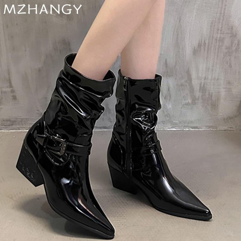 Leather Women Snow Mid Calf Boots Pointed Toe Mid Heels Shoes Woman 2025 Trend Winter Fad Chelsea Boots Pumps New Mujer Botas