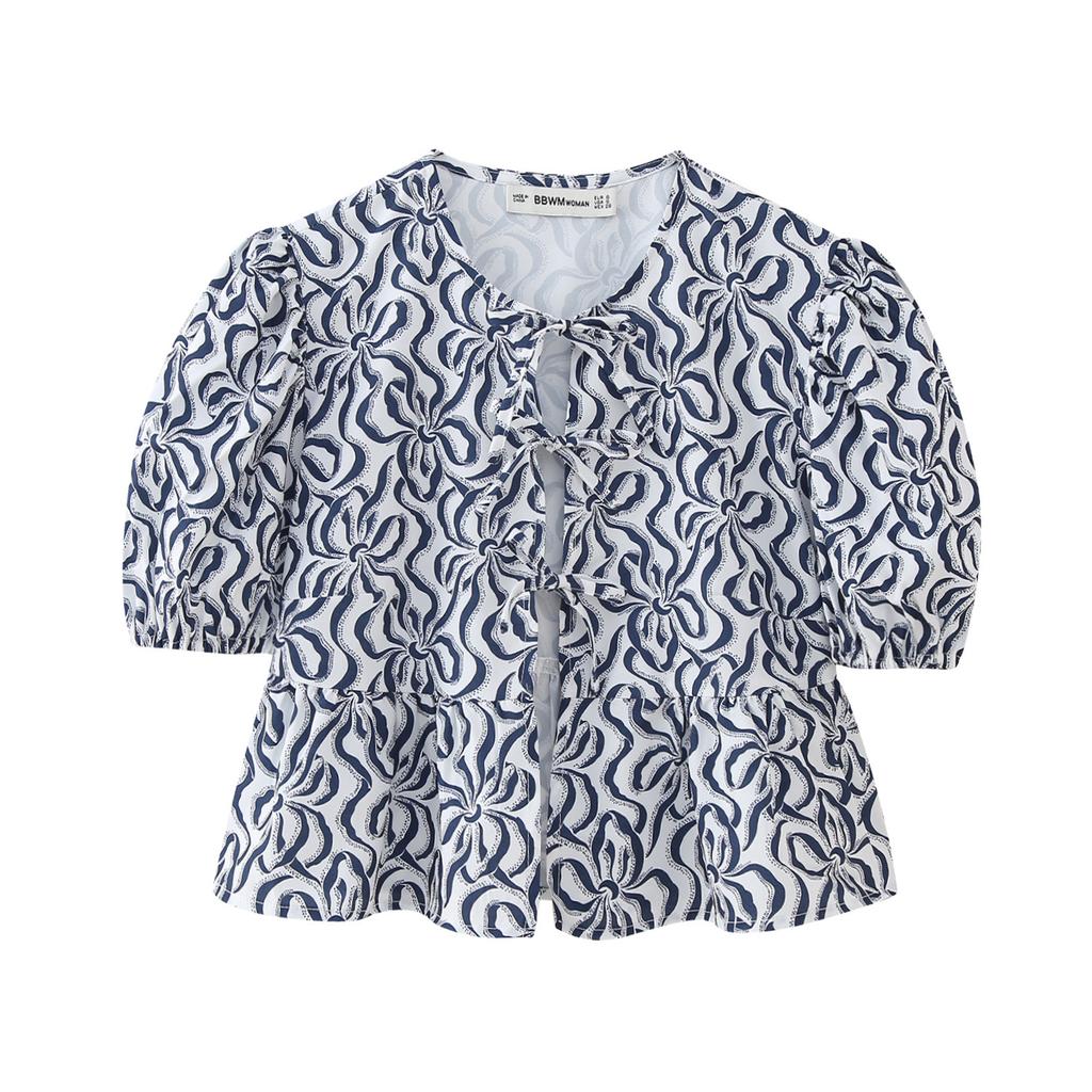 Dolce Casual Cravatta Girocollo Maniche a Bolla Versatili Camicette Camicia Corta