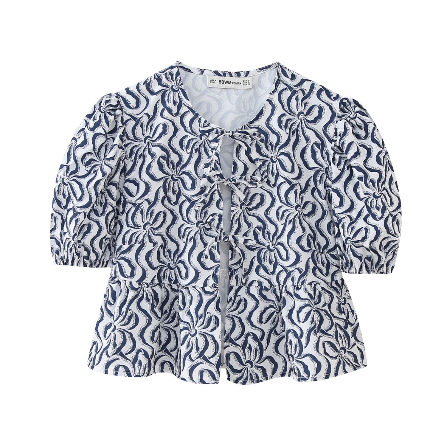 

Милая повседневная блузка с завязками, круглым вырезом и рукавами-пузырями, универсальная, короткая рубашка XS