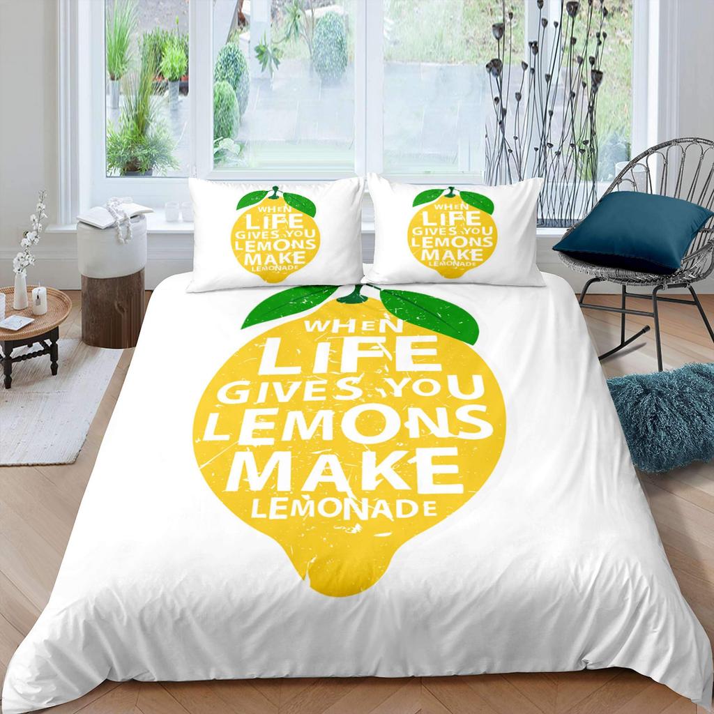 Nature Bedspread, Lemon Tre Branches Gardening Design, Decorative Quilted 3 Piece Coverlet Set featuring 2 Pilow Shams, Ful Sized Dimensions
