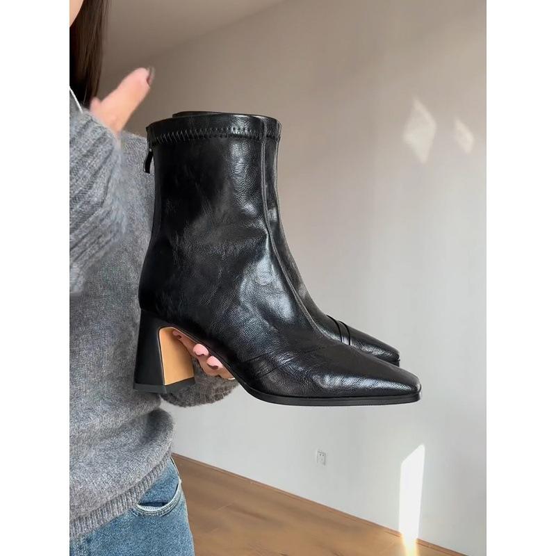 Square head temperament high heel thin boots rear zipper black martin boots thin French thick heel short boots women