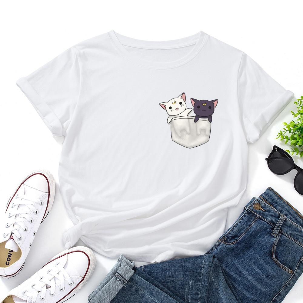 Cute Kitten Print Loose Round Neck Pure Cotton Short Sleeved Women's T-shirts