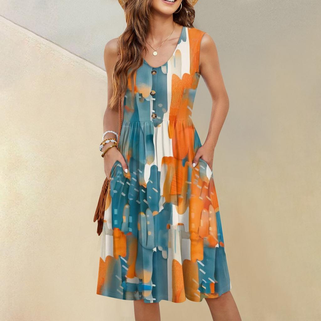 Women's Casual Fashion Sexy V-neck Button Decoration Sleeveless Beach Printed Boutonniere Dress