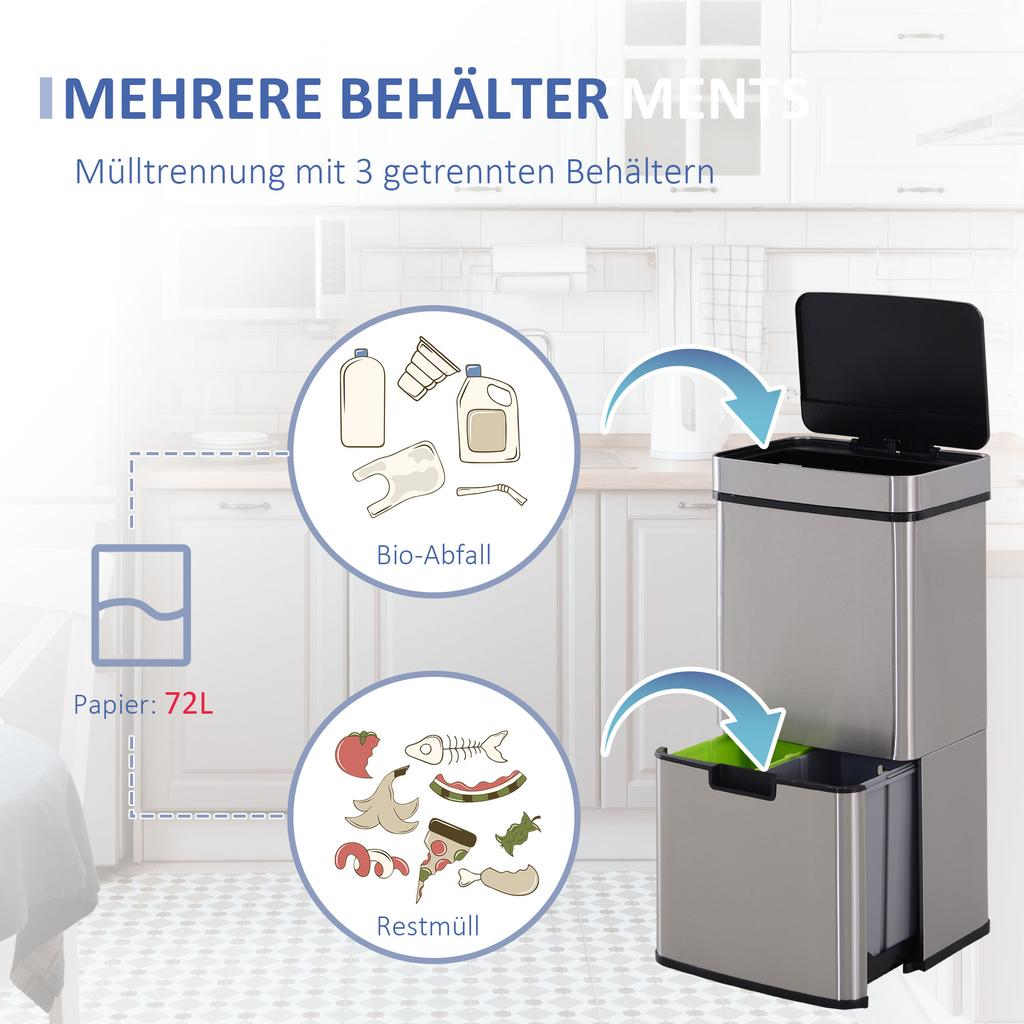 72L Sensor-Recyclingbehälter Edelstahl 3 Fächer für Nass-/Trockenabfall mit abnehmbarem Deckel Küche Zuhause