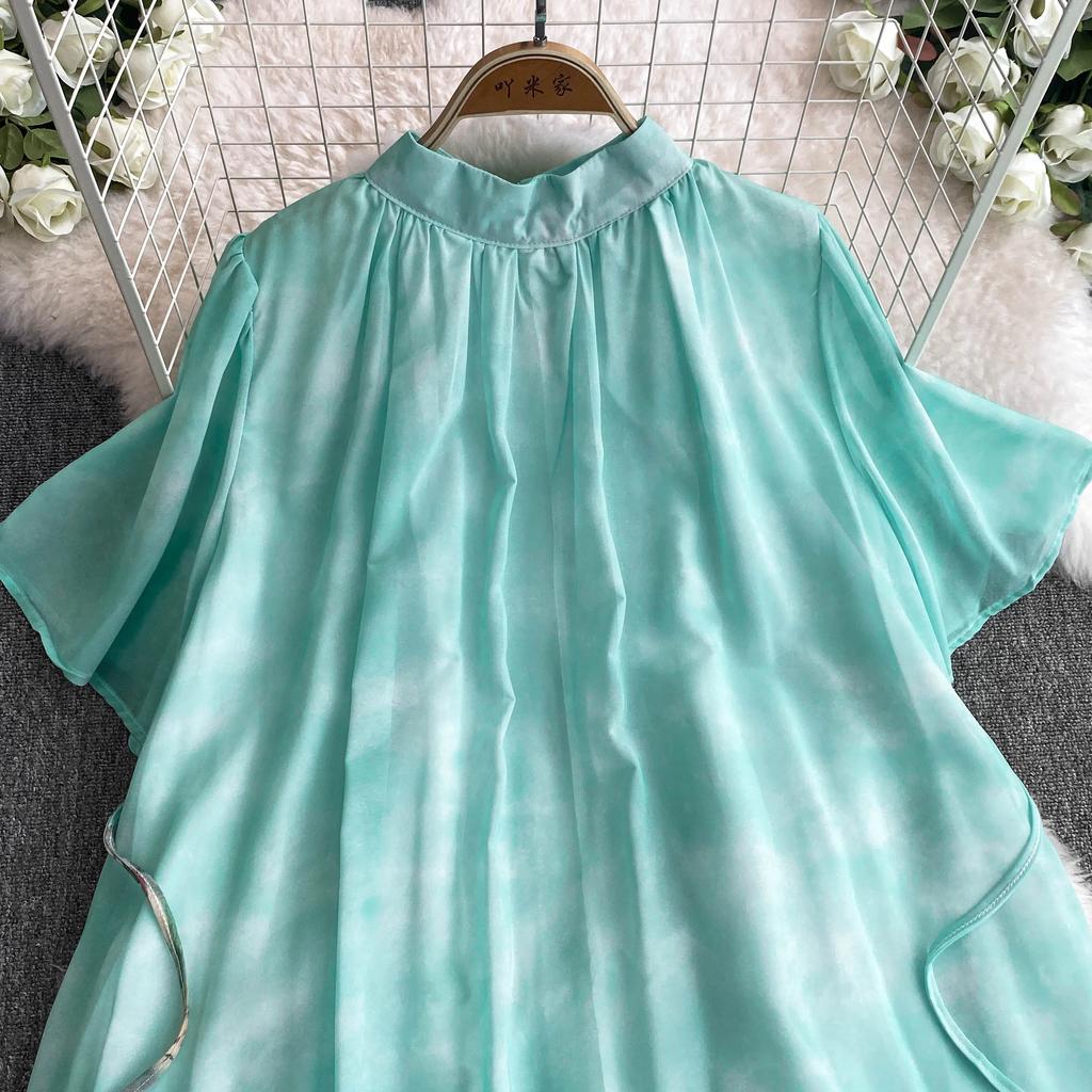 Temperament Stehkragen Kurze Flare Ärmeln Kleid Frauen Hohe schlanke Taille Robe 2024 Neue Tinte Printr schnüren up Frau Kleider