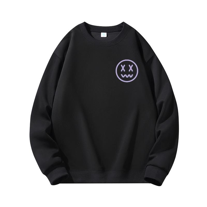 Dark Sweet Cool Style Small Logo Joyful Face Crew Neck Sweatshirt, Loose Fit Slimming, Hoodless Long Sleeve Top
