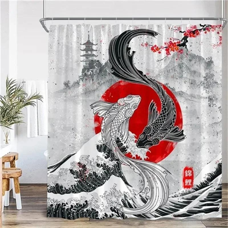 Japanese-style Shower Curtain Koi Fish Landscape Polyester Fabric Bathtub Curtain Bathroom Decoration a Variety of Optional