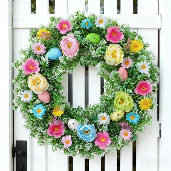Easter Wreath for Front Door Artificial Spring Floral Wreath with Pastel Eggs for Home Indoor Outdoor