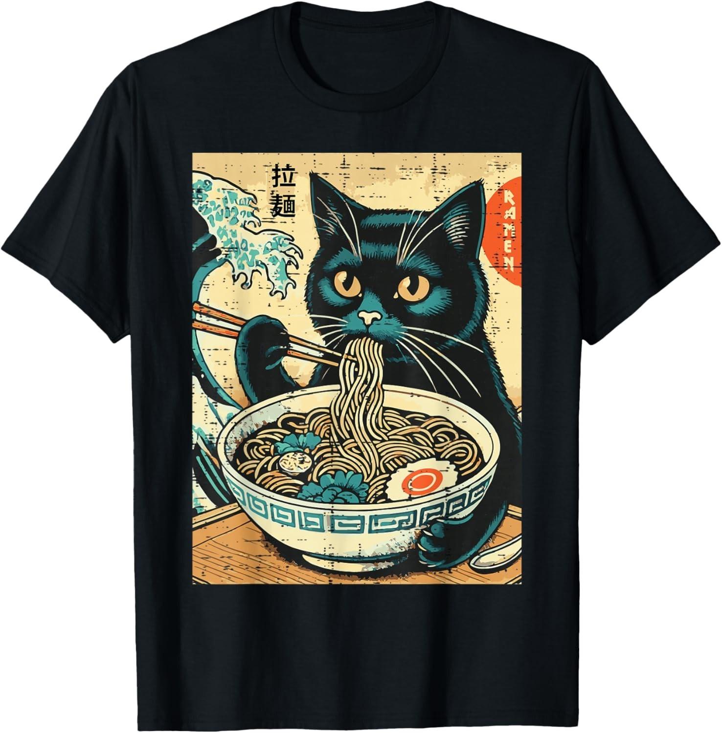 Japanese Cat Ramen Great Wave Vintage Art Food Men Women Kid unisex T-Shirt Mens Womens Tees Top XL