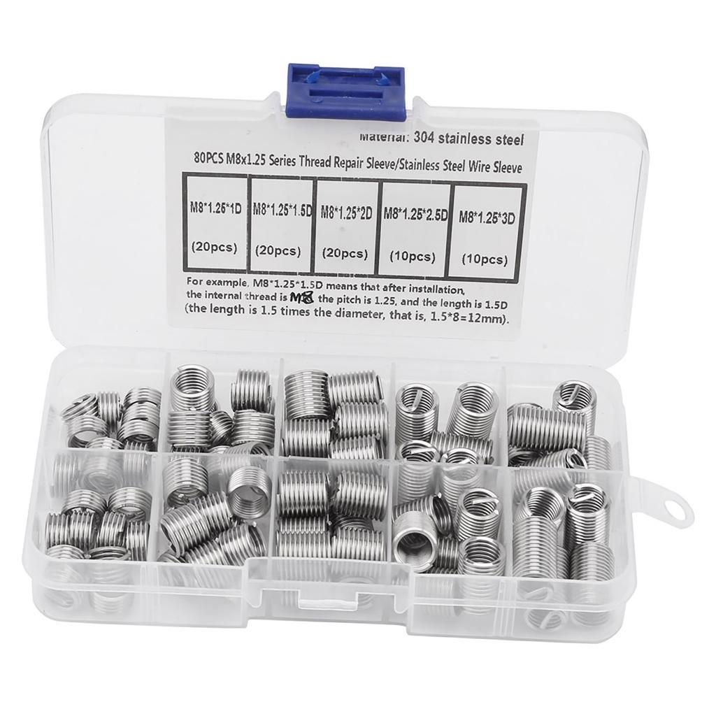 80PCS  M8*1.25 Stainless Steel Coiled Wire Helical Screw Threaded Inserts Set
