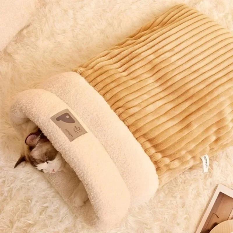 Winter Warm Cat Sleeping Bag Soft Pet Bed Kitty and Puppy House Soft Plush Semi Enclosed Windproof Cat Nest Pet Supplies