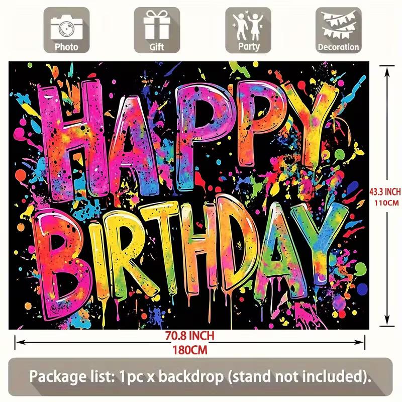 2D Black Paint Splatter Happy Birthday Backdrop Banner for Hip Hop Party Supplies