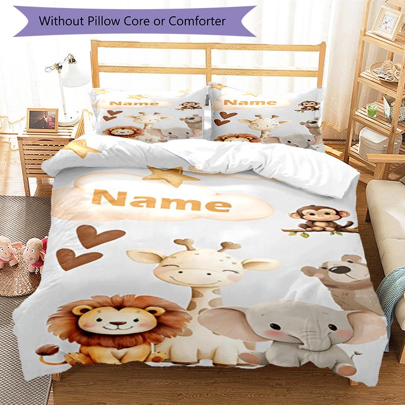 3pcs Custom Name Animals Bedding Set Duvet Cover Closure Includes 1 Duvet Cover & 2 Pillowcases, Soft and Comfortable for All Seasons.