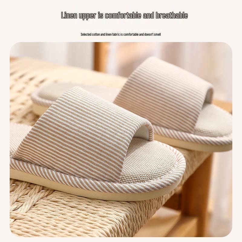 Gestreifte Leinen Sommer Hausschuhe für Damen und Herren - Rutschfest, Weiche Sohle, Atmungsaktiv, Geräuscharmes Design.