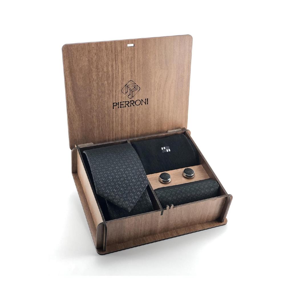 Pierroni Black Tie Handkerchief Cufflinks Socks Special Set