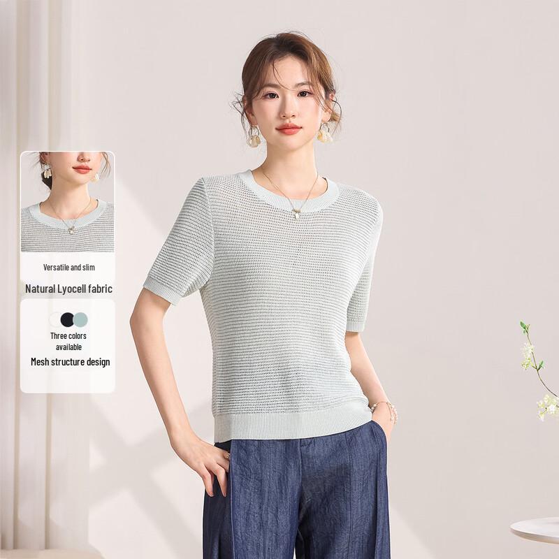 Women s Lyocell Linen Hollow Knit Short Sleeve T-shirt M