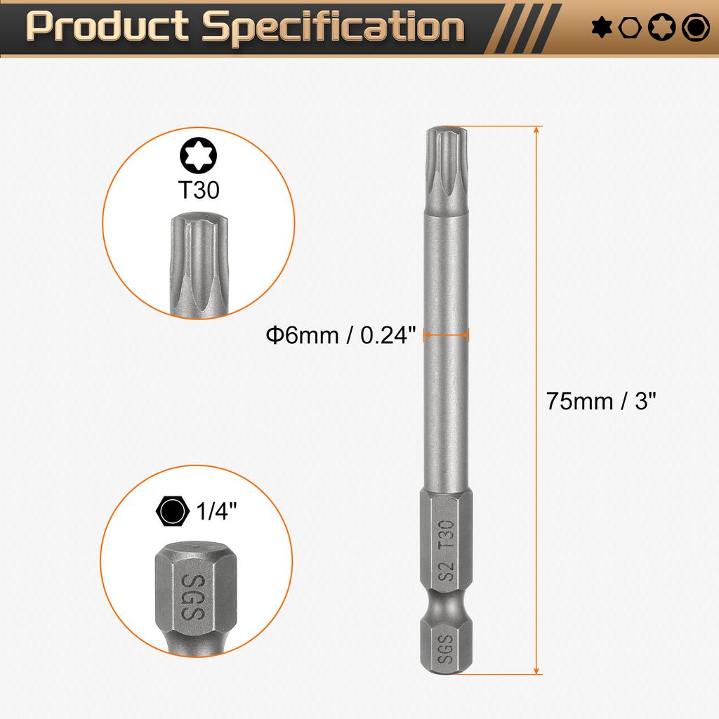 1/3/5pcs Torx Head Screwdriver Bit 1/4" Hex Shank Magnetic No Hole Tip Tamper Proof 6 Point Star S2 Steel Screw Driver Drill Bit