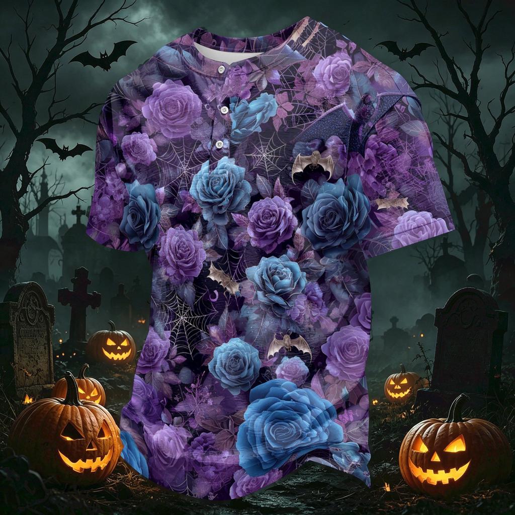 Męska casualowa koszula z kołnierzykiem na guziki, lekka, oddychająca, z krótkim rękawem, z nadrukiem w stylu Halloween, wygodny krój