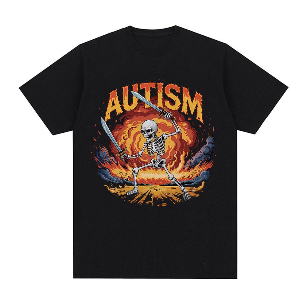 Autism Funny Skeleton Meme Tshirts Men Women Clothing Vintage Summer Short Sleeves Tshirt Cotton Casual Oversized T Shirt Tops