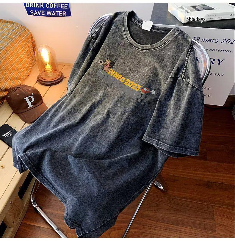 Men's High-End Washed Vintage Cartoon T-Shirt - Summer Short Sleeve Fashion