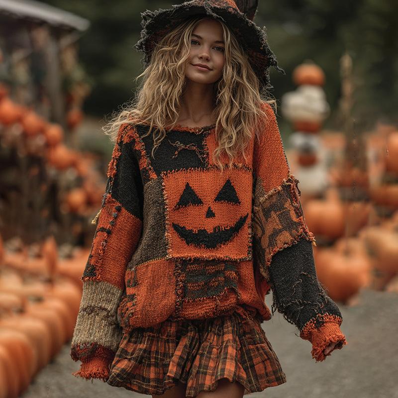 Женская толстовка Свитер Тыква Хэллоуин Женский Осенне-зимний Европейский Американский Повседневный V-образный вырез Топ с открытыми плечами Искусственный мех Свободный топ Новый 5XL